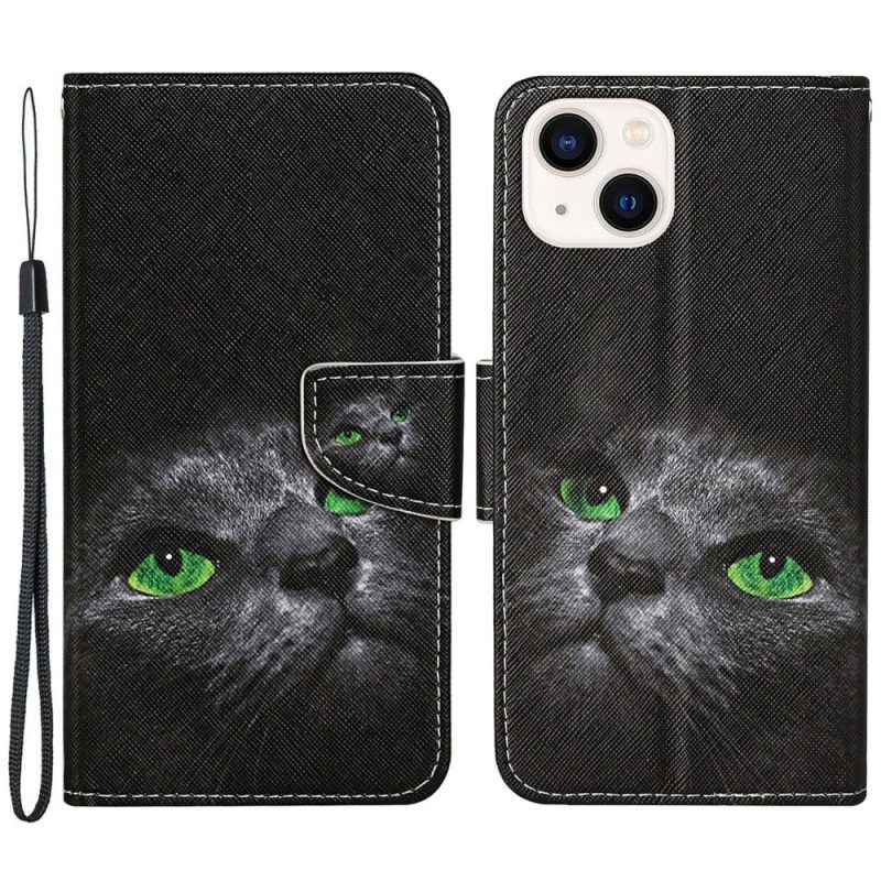 Folio-hoesje voor iPhone 15 Met Ketting Kat Met Groene Ogen En Riem