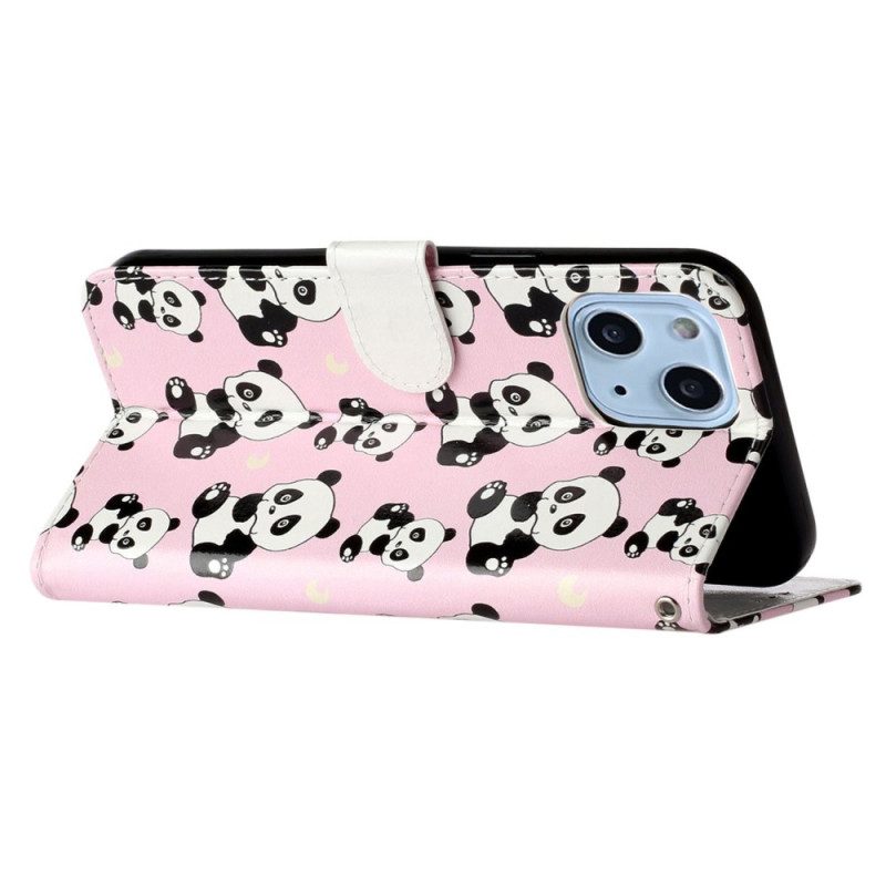 Folio-hoesje voor iPhone 15 Met Ketting Kleine Panda's Met Riem