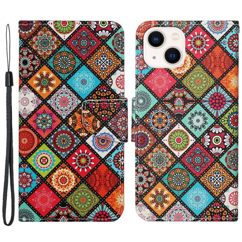 Folio-hoesje voor iPhone 15 Met Ketting Mooi Patchwork Met Riempje