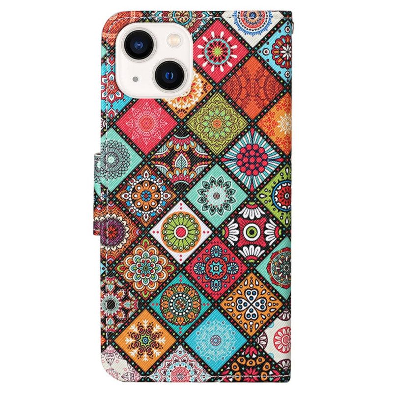 Folio-hoesje voor iPhone 15 Met Ketting Mooi Patchwork Met Riempje