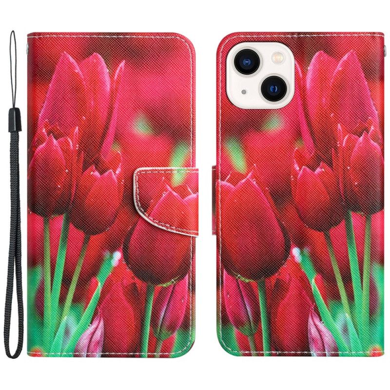 Leren Hoesje voor iPhone 15 Met Ketting Bloemenvariant Met Riempje