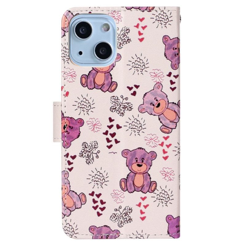 Leren Hoesje voor iPhone 15 Met Ketting Kleine Teddyberen Met Riem