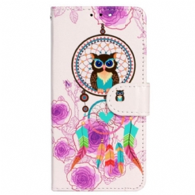 Leren Hoesje voor iPhone 15 Met Ketting Uil Dromenvanger Met Riem