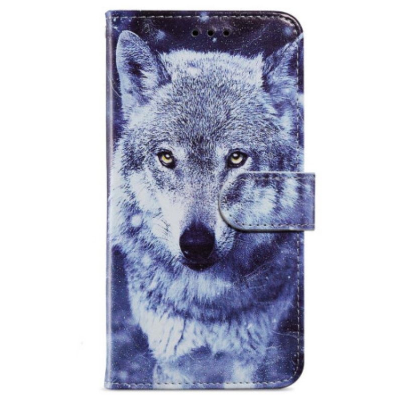 Leren Hoesje voor iPhone 15 Met Ketting Witte Wolf Met Riem