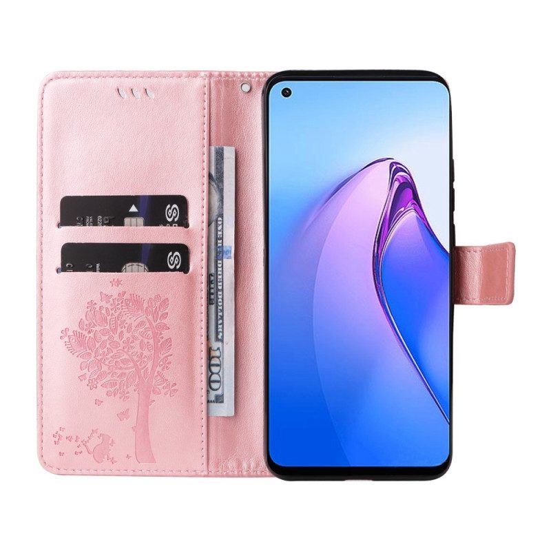 Flip Case voor Oppo Reno 8 Met Ketting Boom En Strappy Cat