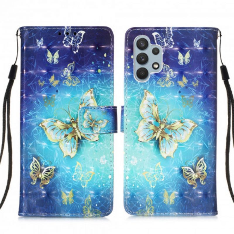 Folio-hoesje voor Samsung Galaxy A32 Gouden Vlinders Lanyard