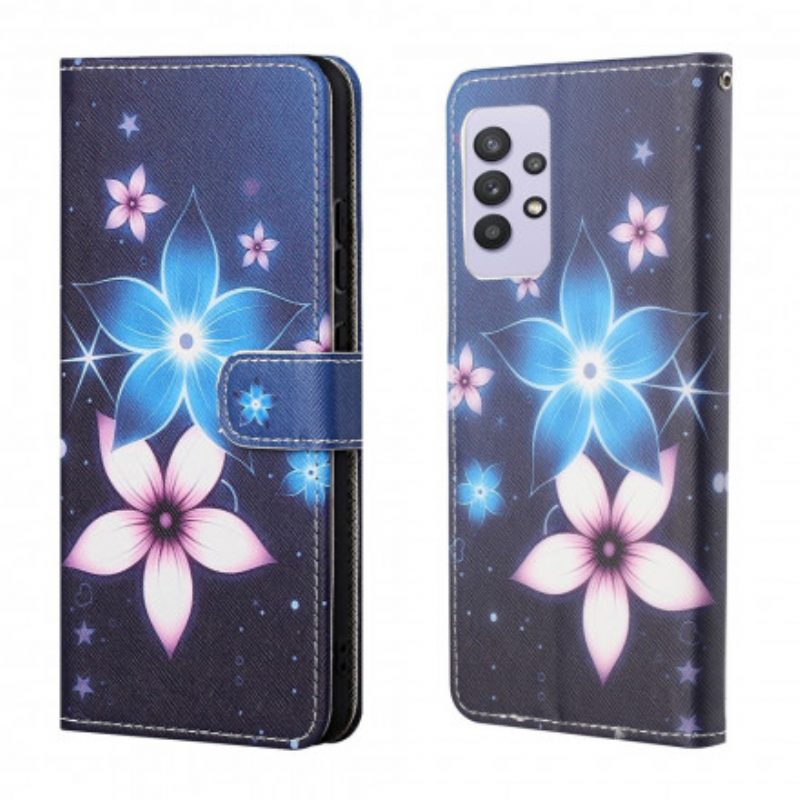 Folio-hoesje voor Samsung Galaxy A32 Met Ketting Maanband Bloemen