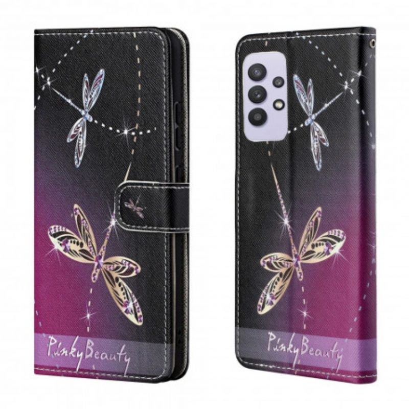 Folio-hoesje voor Samsung Galaxy A32 Met Ketting Strappy Libellen