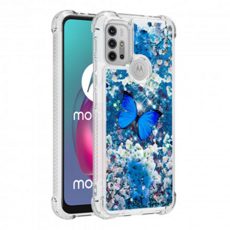 Hoesje voor Moto G30 / G10 Glitter Blauwe Vlinders