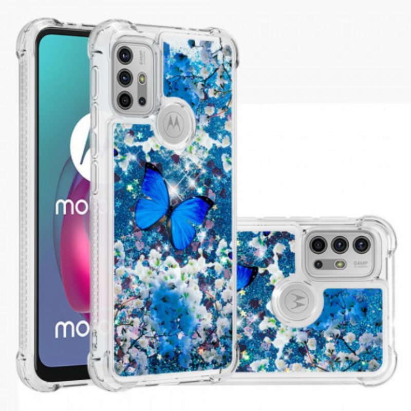 Hoesje voor Moto G30 / G10 Glitter Blauwe Vlinders