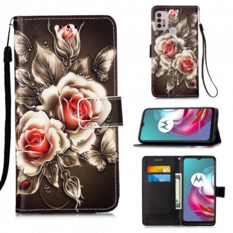 Leren Hoesje voor Moto G30 / G10 Gouden Rozen