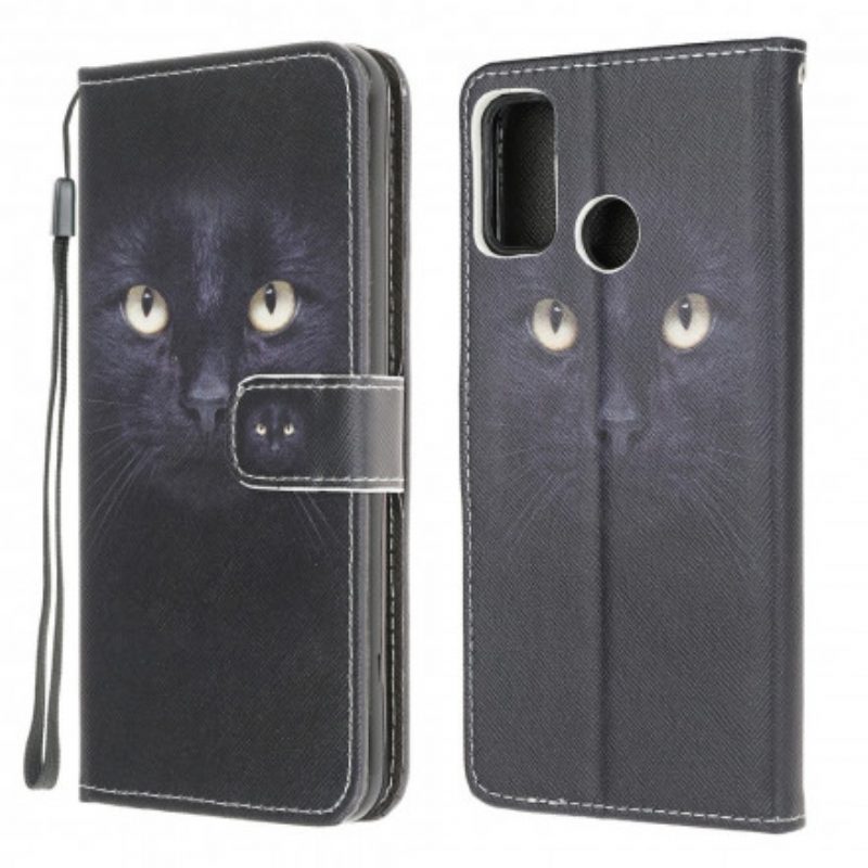 Leren Hoesje voor Moto G30 / G10 Met Ketting Strappy Zwarte Kattenogen