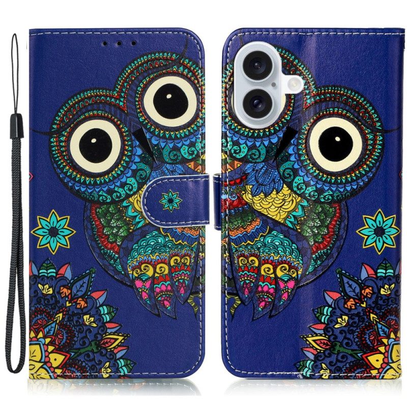 Folio-hoesje iPhone 16 Blauwe Uil Met Riem