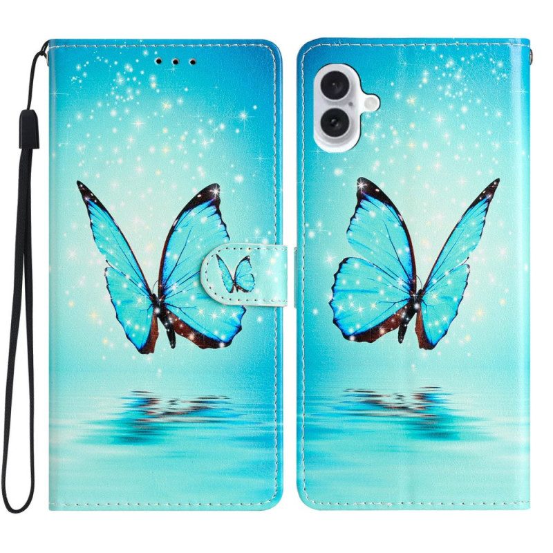 Folio-hoesje iPhone 16 Telefoonhoesje Blauwe Vlinder Met Riem