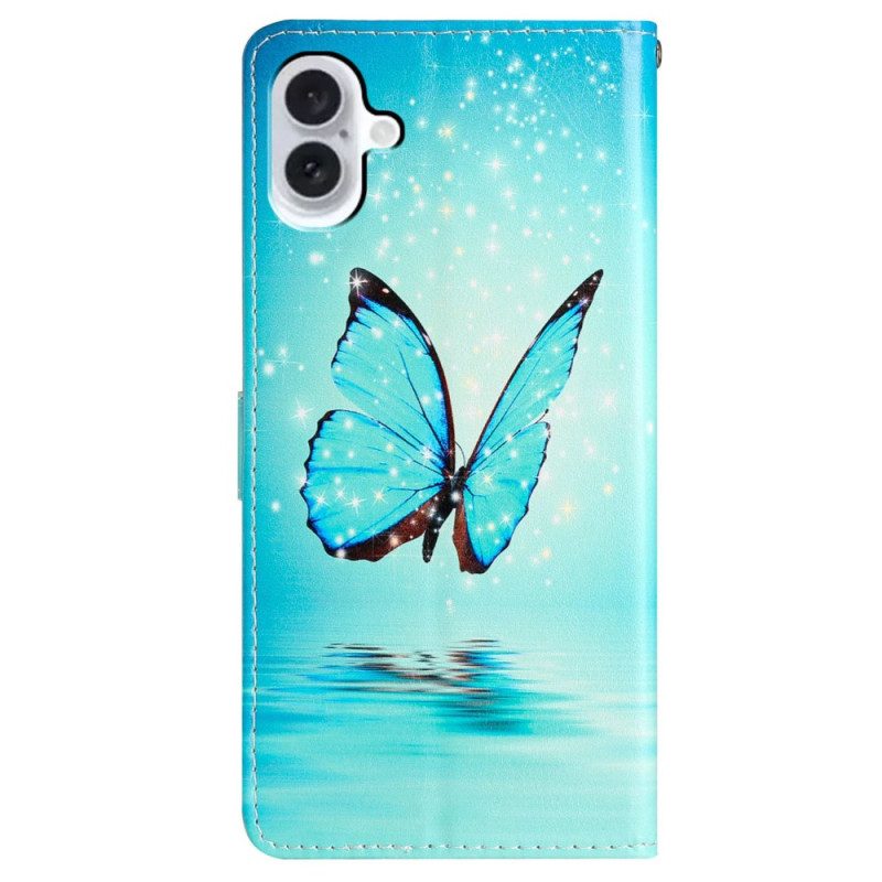 Folio-hoesje iPhone 16 Telefoonhoesje Blauwe Vlinder Met Riem