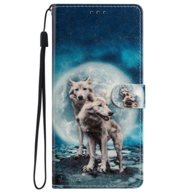 Folio-hoesje iPhone 16 Twee Lanyard-wolven