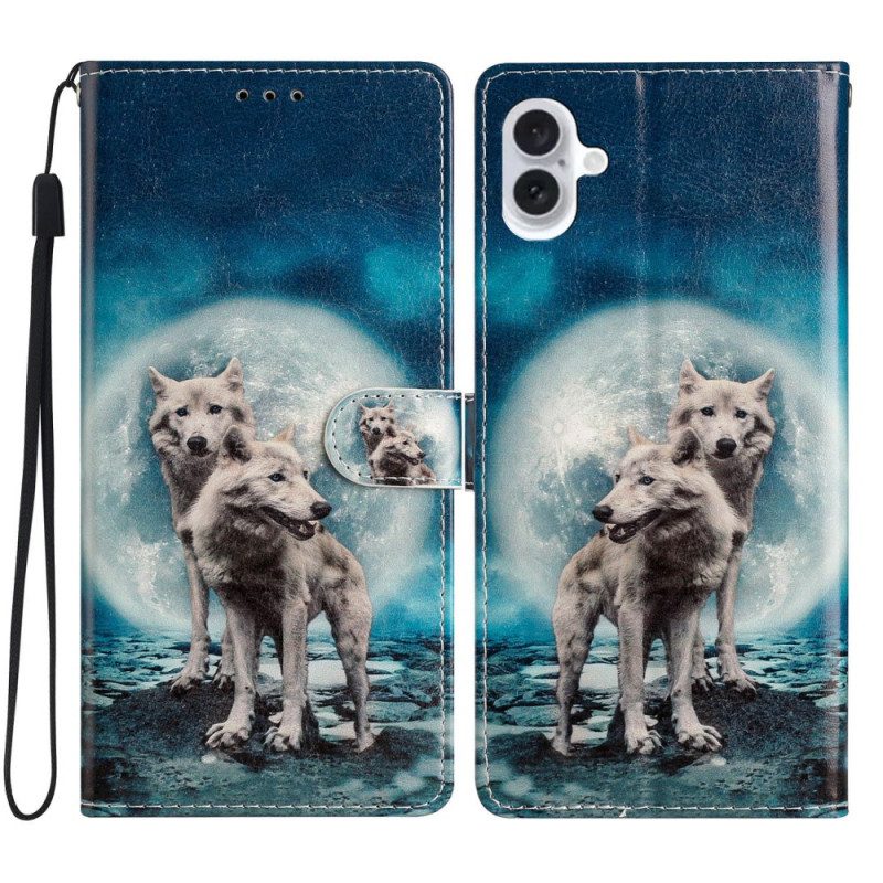 Folio-hoesje iPhone 16 Twee Lanyard-wolven