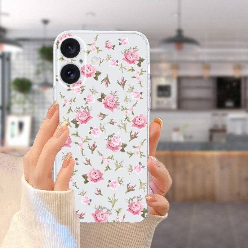 Hoesje iPhone 16 Transparante Rand Roze Bloemen