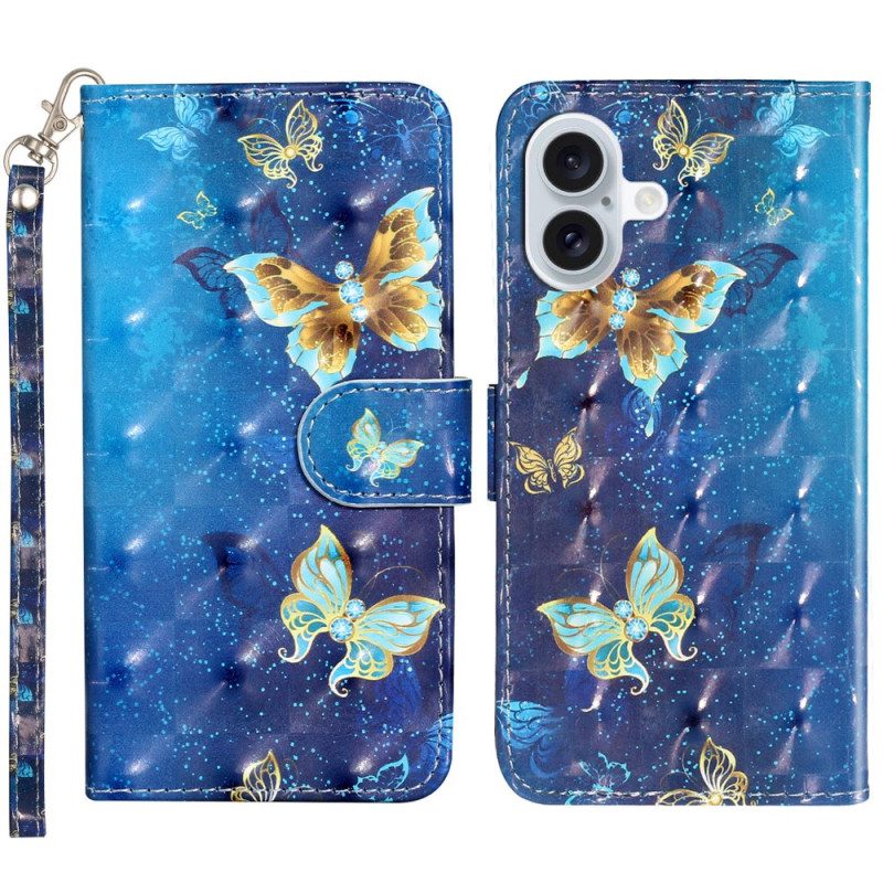 Leren Hoesje iPhone 16 Blauwe En Gouden Vlinders Met Riem Bescherming Hoesje