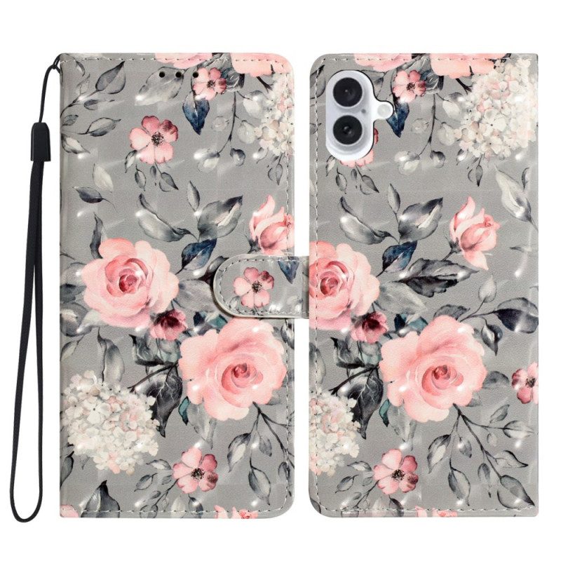 Leren Hoesje iPhone 16 Bloemenprint Met Riempje Bescherming Hoesje