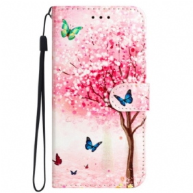 Leren Hoesje iPhone 16 Kersenbloesemboom Met Riem Bescherming Hoesje