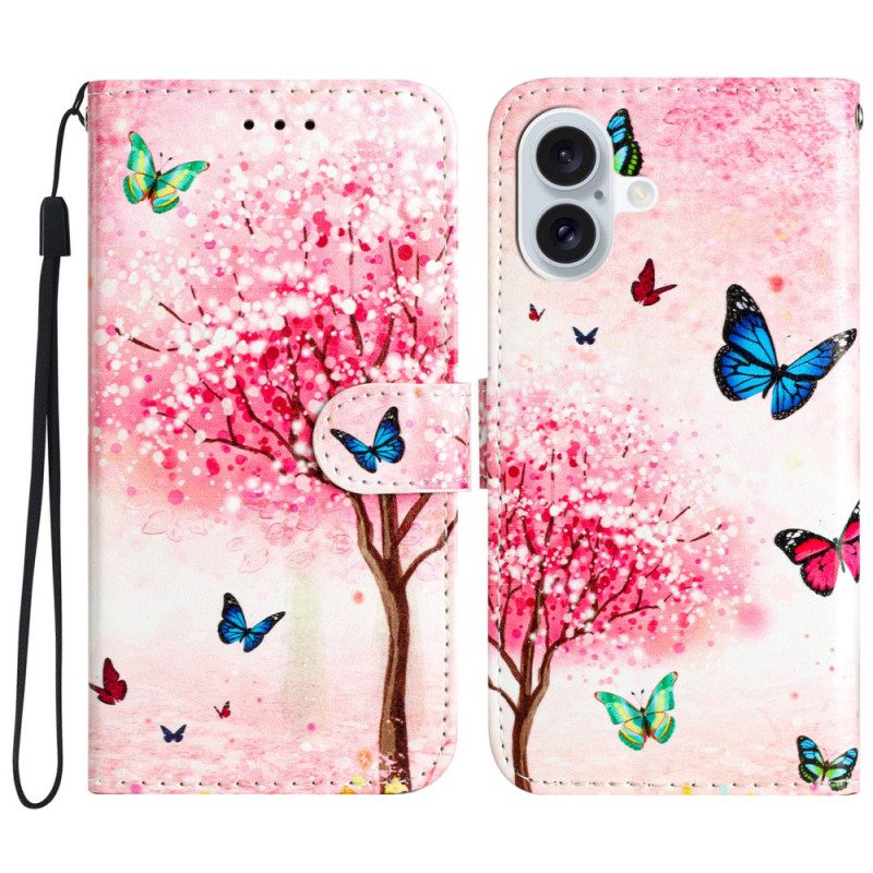 Leren Hoesje iPhone 16 Kersenbloesemboom Met Riem Bescherming Hoesje