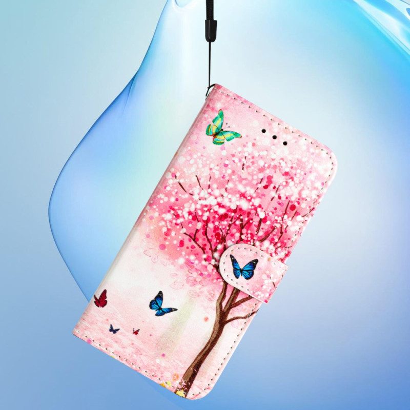 Leren Hoesje iPhone 16 Kersenbloesemboom Met Riem Bescherming Hoesje