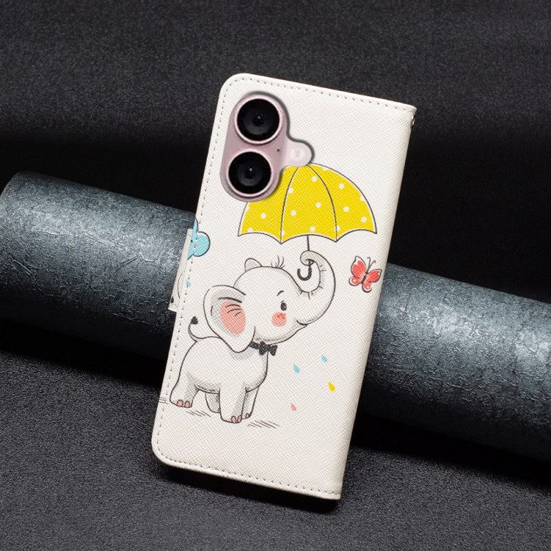 Leren Hoesje iPhone 16 Paraplu En Olifant Bescherming Hoesje