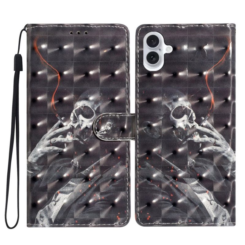 Leren Hoesje iPhone 16 Rokend Skelet Met Riem Bescherming Hoesje