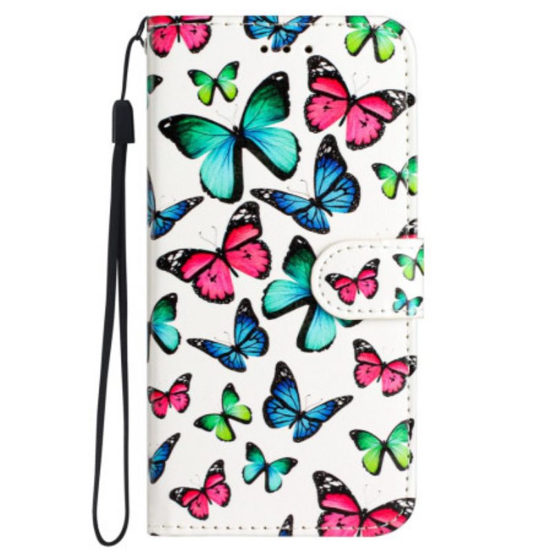 Leren Hoesje iPhone 16 Vlinderpatroon Met Riempje Bescherming Hoesje