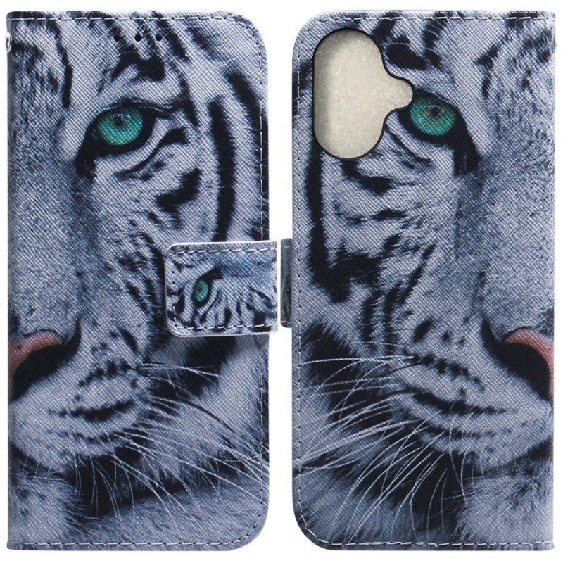 Leren Hoesje iPhone 16 Witte Tijger Bescherming Hoesje