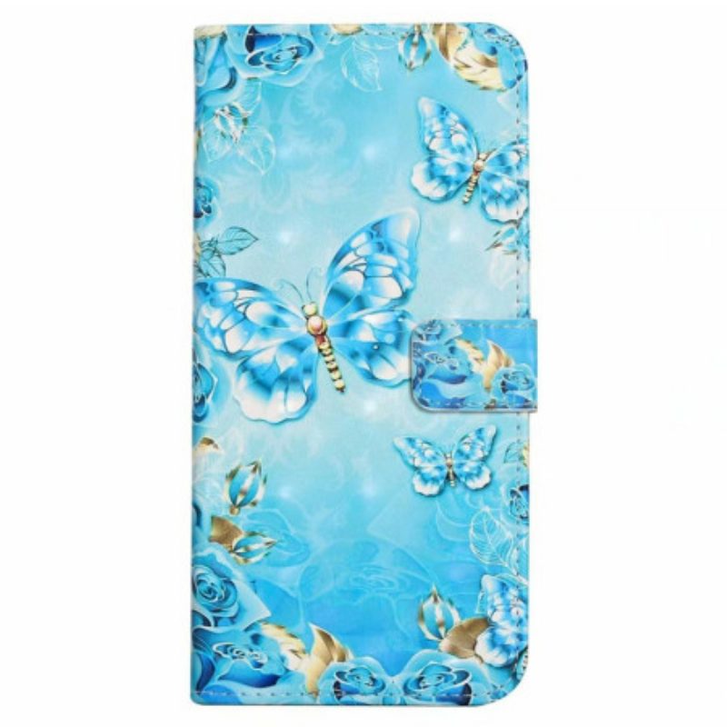 Leren Hoesje Voor iPhone 16 Lichtblauwe Vlinders