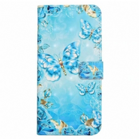 Leren Hoesje Voor iPhone 16 Lichtblauwe Vlinders