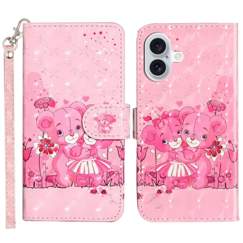 Leren Hoesje Voor iPhone 16 Paar Beren Met Riem