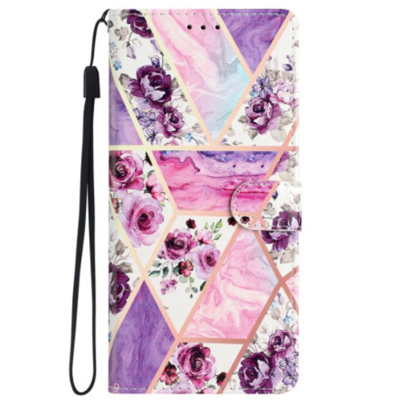 Leren Hoesje Voor iPhone 16 Paarse Bloemen Met Riempje