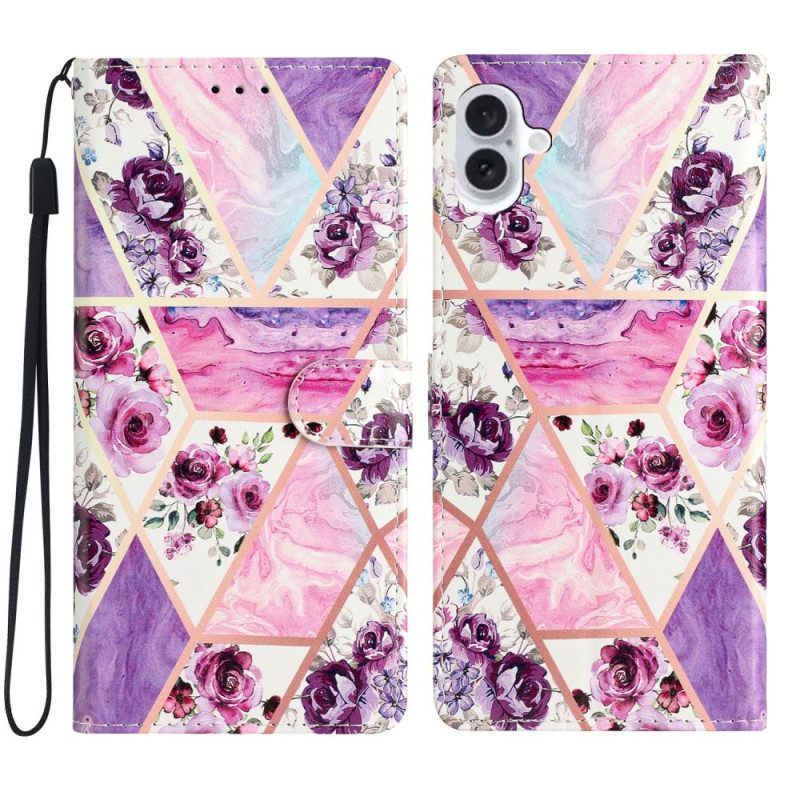 Leren Hoesje Voor iPhone 16 Paarse Bloemen Met Riempje