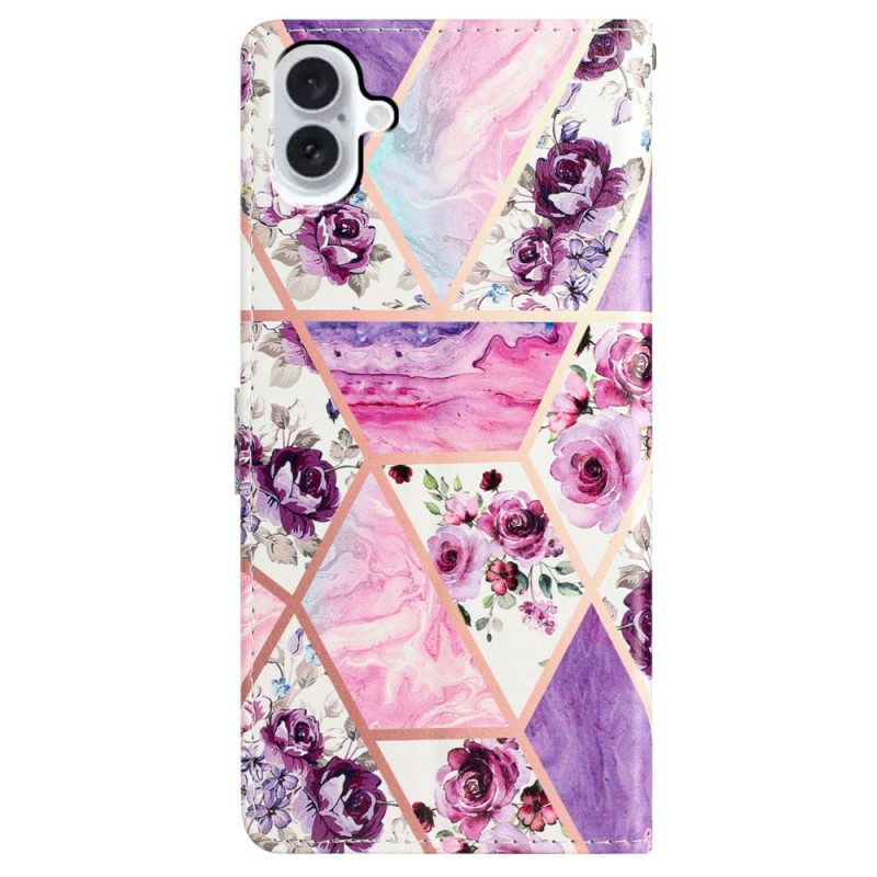 Leren Hoesje Voor iPhone 16 Paarse Bloemen Met Riempje