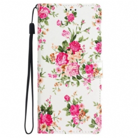 Leren Hoesje Voor iPhone 16 Rode Bloemen Met Riem