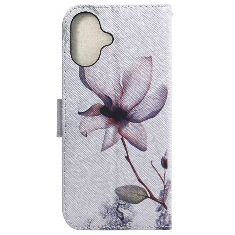 Leren Hoesje Voor iPhone 16 Roze Bloem