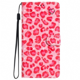 Leren Hoesje Voor iPhone 16 Roze Luipaardprint Met Riempje