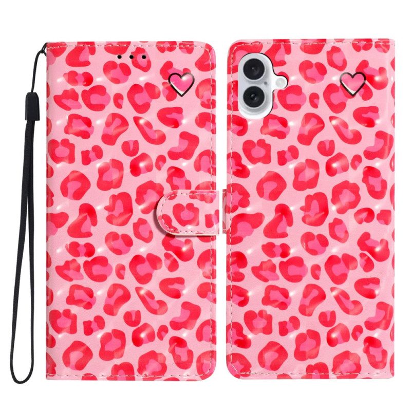 Leren Hoesje Voor iPhone 16 Roze Luipaardprint Met Riempje