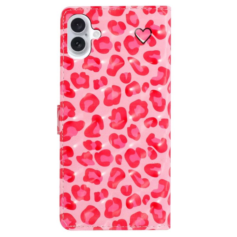 Leren Hoesje Voor iPhone 16 Roze Luipaardprint Met Riempje