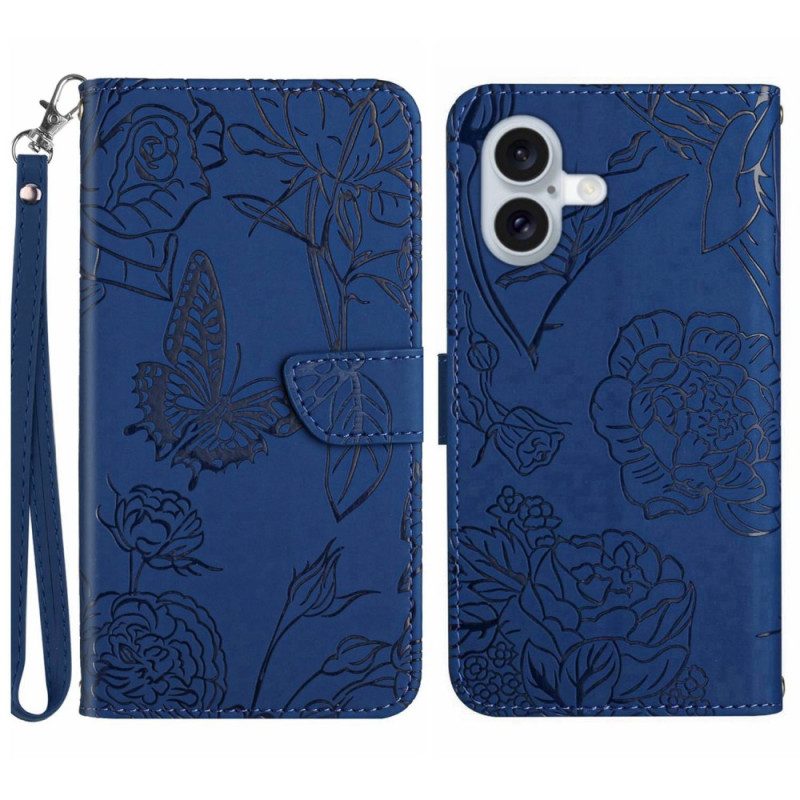 Leren Hoesje Voor iPhone 16 Vlinderprint Met Bandje