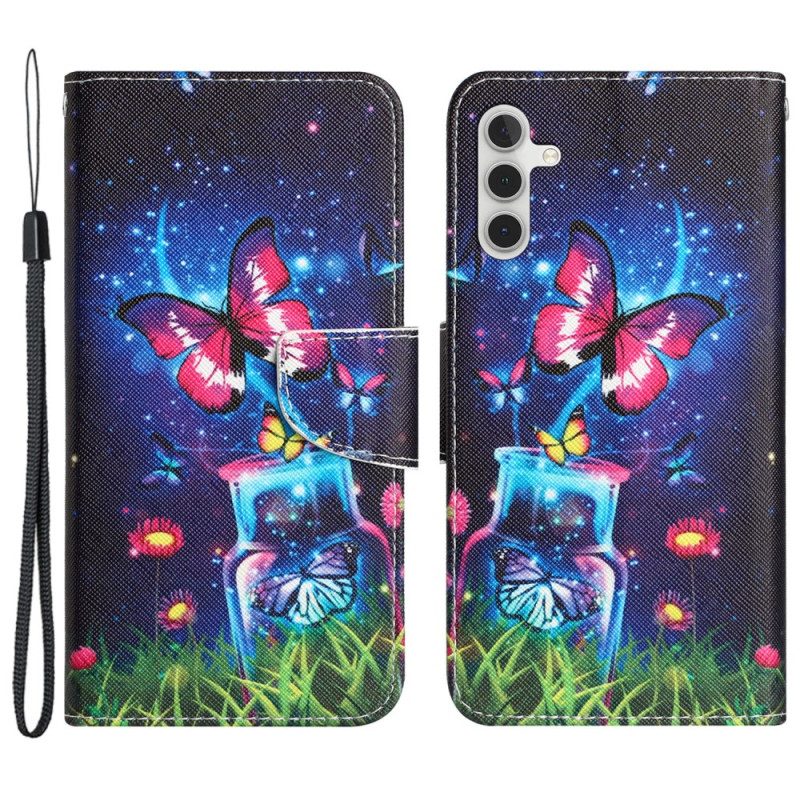 Flip Case Leren Samsung Galaxy A55 5g Fles En Vlinders Met Riem