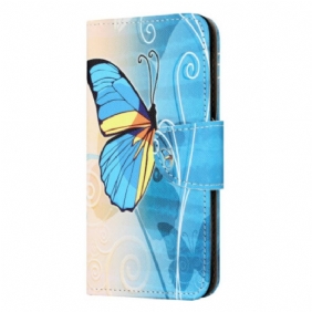 Flip Case Leren Samsung Galaxy A55 5g Gele En Blauwe Vlinder