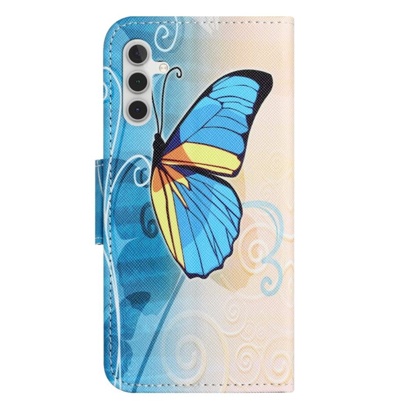 Flip Case Leren Samsung Galaxy A55 5g Gele En Blauwe Vlinder