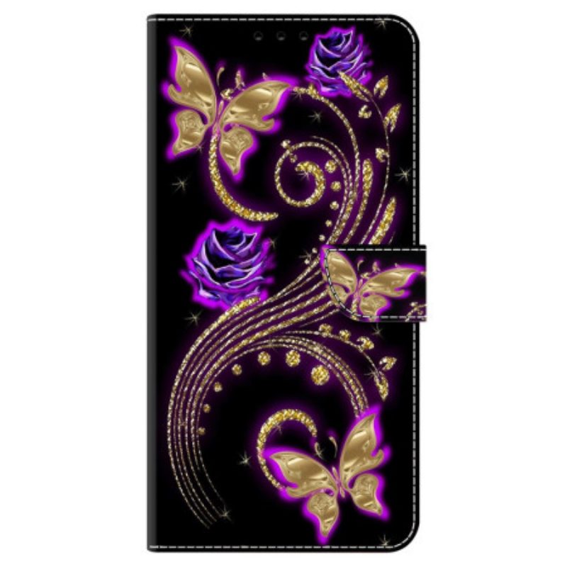 Flip Case Leren Samsung Galaxy A55 5g Violette Bloemen En Vlinders