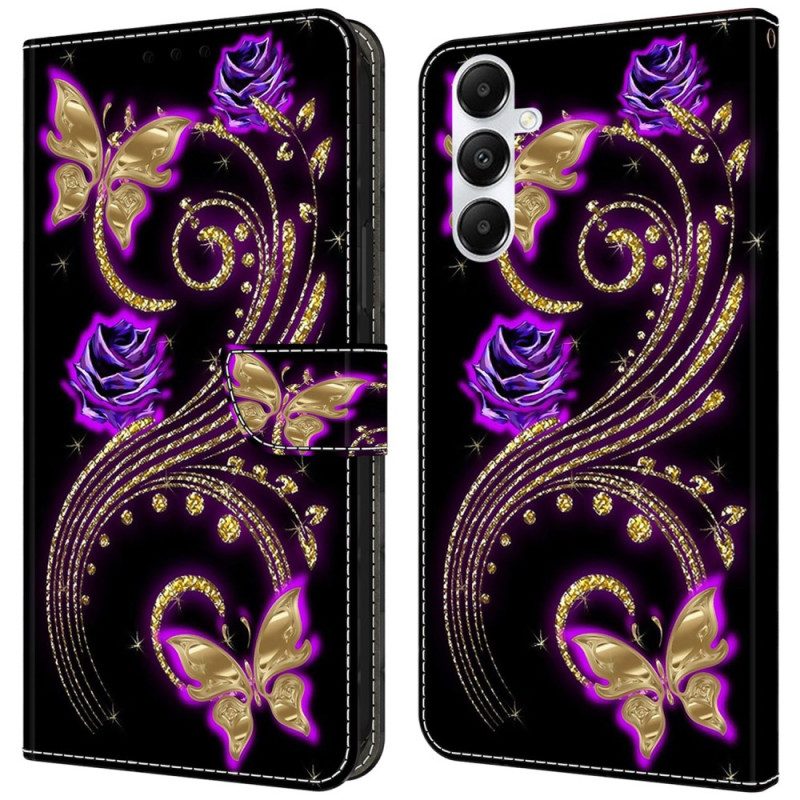 Flip Case Leren Samsung Galaxy A55 5g Violette Bloemen En Vlinders