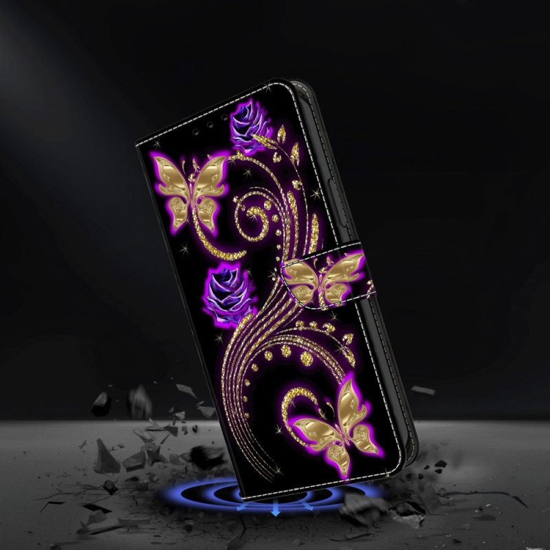 Flip Case Leren Samsung Galaxy A55 5g Violette Bloemen En Vlinders