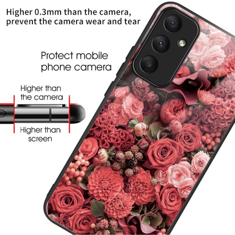 Hoesje Voor Samsung Galaxy A55 5g Gehard Glas Rode En Roze Bloemen